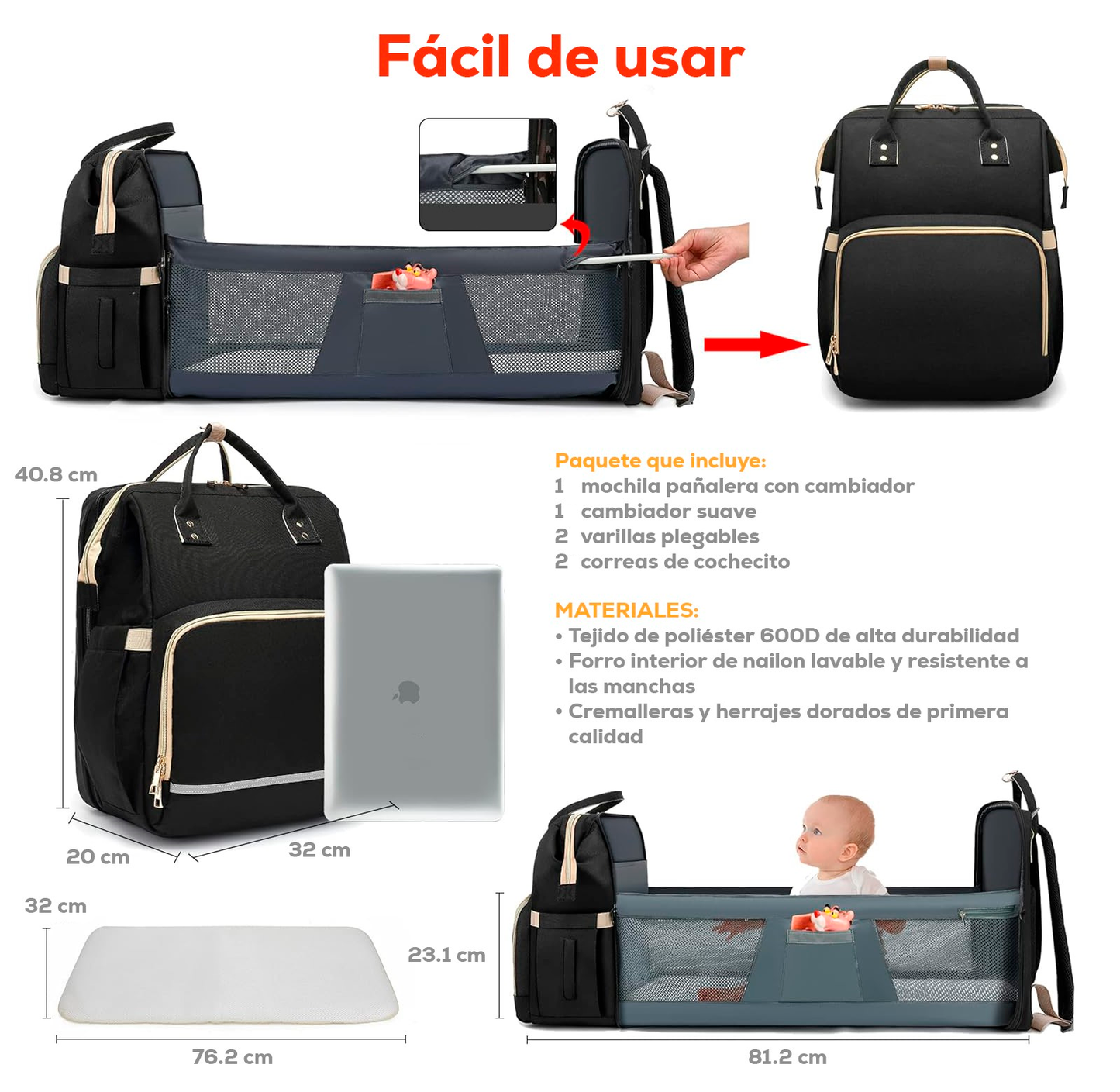 Mochila Pañalera Debug para bebé con cambiador cuna, color negro