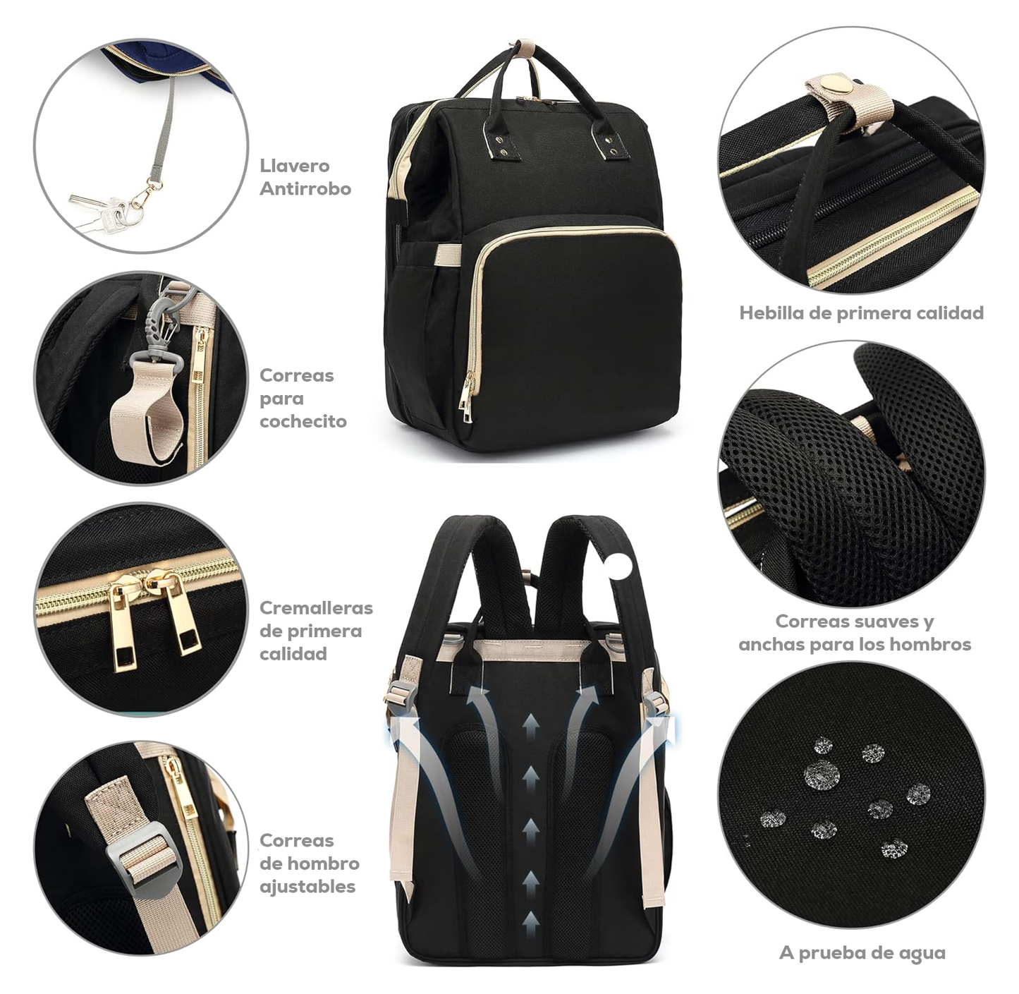 Mochila Pañalera Debug para bebé con cambiador cuna, color negro