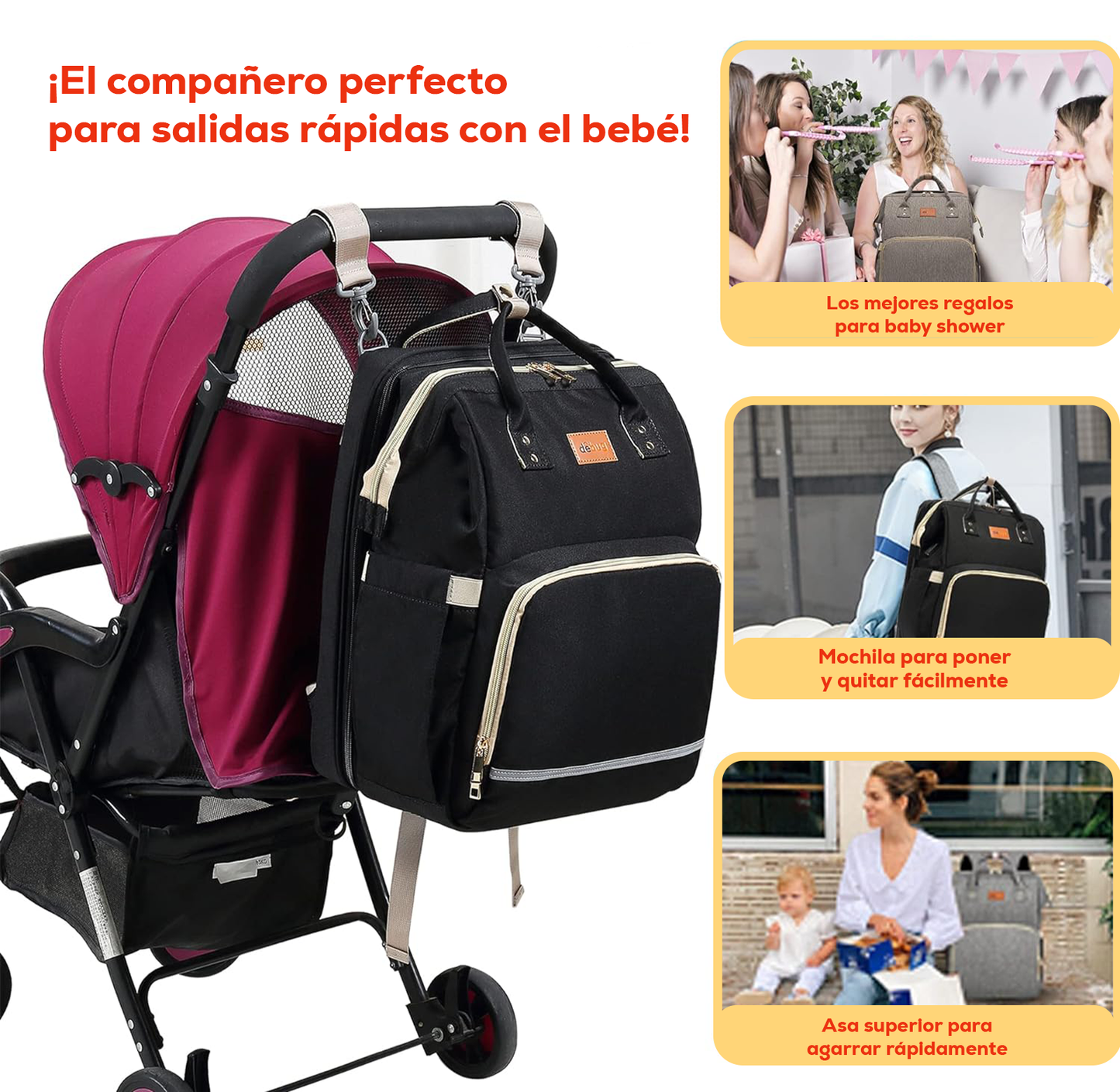 Mochila Pañalera Debug para bebé con cambiador cuna, color negro