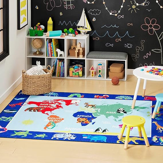 Alfombra Mapa del mundo marca Home Dynamix para niños en azul y rojo